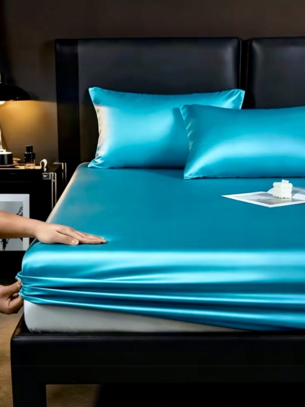 Queen Turquoise Satin Fitted Sheet Set 3 Piece – Silky Blue Bedding